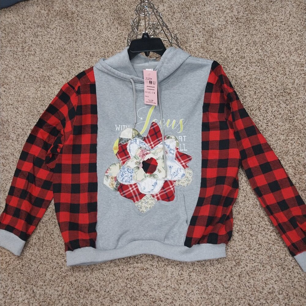 3287 Size XL/ 1X Upcycled Hoodie Sweat Shirt With Flannel Sleeves and Quilted - Picture 1 of 6